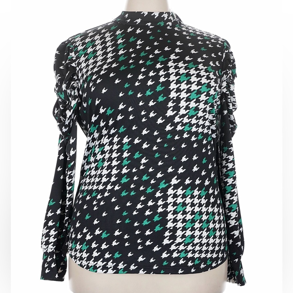 Ashley Stewart Plus Size Black, White & Green Houndstooth Print Long Sleeve Top